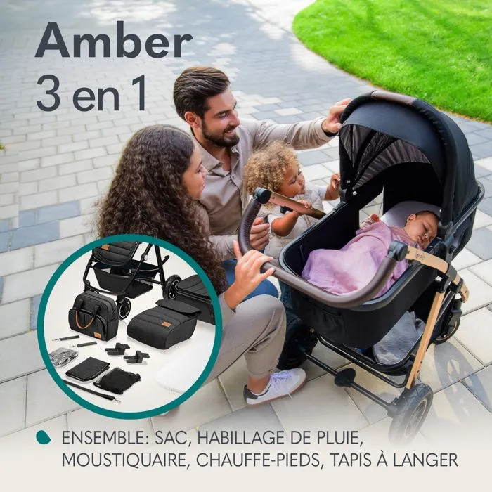 LIONELO Amber - Poussette bébé 3en1 - Jusqu'à 22Kg - Inclu nacelle, cosy, siège auto, sac et accessoires - iSize - Gris foncé-4