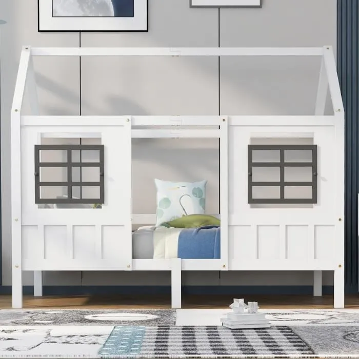 Lit cabane enfant 200x90cm, lit simple, lit enfant avec 2 fenêtres, cadre en pin, MDF, blanc-1