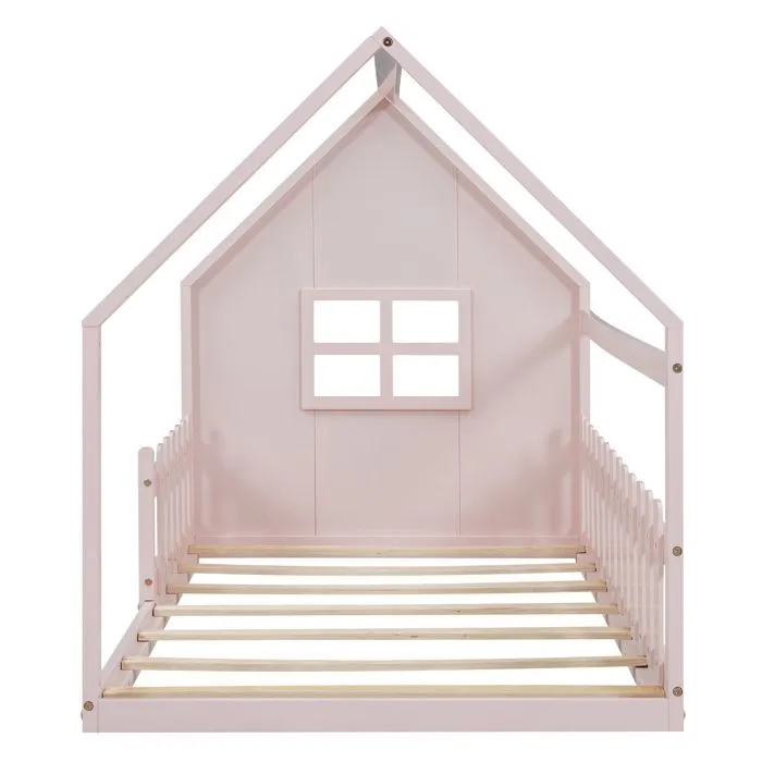 Lit cabane pour enfant 90x200 cm - en forme de maison - en bois de pin et MDF - Rose-4