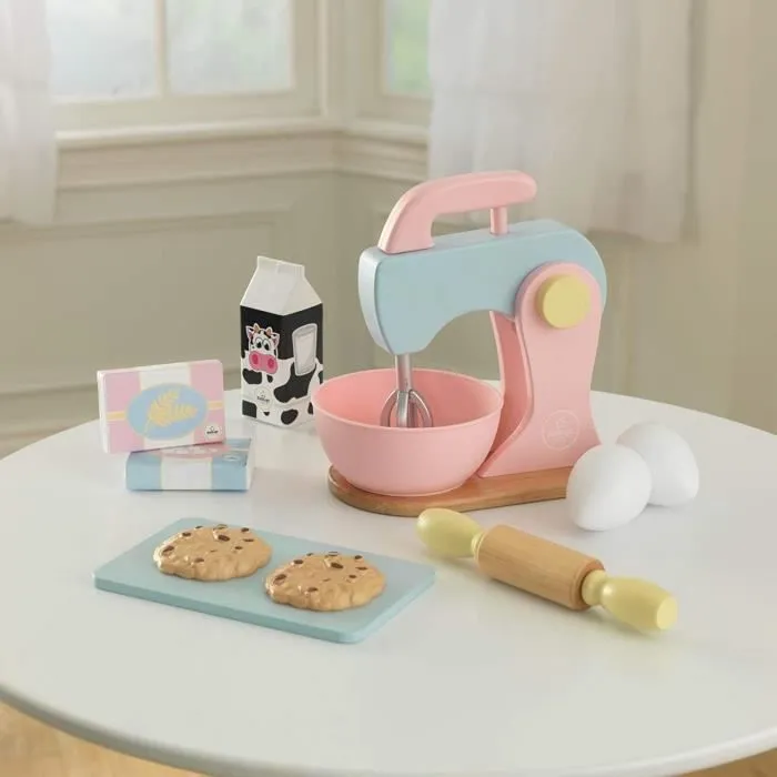 KidKraft - 10 Accessoires de pâtisserie en bois pour cuisine enfant dont un mixeur, un rouleau et 2 cookies inclus - Pastel-1