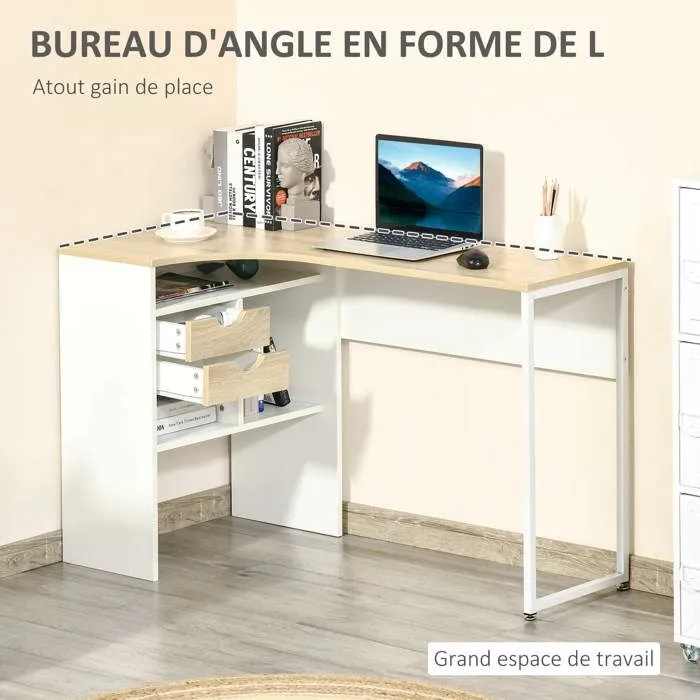 Bureau d'angle HOMCOM - Bureau informatique multi-rangement - Aspect chêne clair et blanc-5
