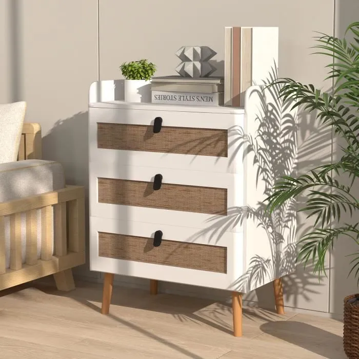 COSTWAY Table de Chevet avec 3 Tiroirs en Rotin, Table d'Appoint Contemporain, pour Chambre, Salon, 60 x 40 x 75 cm cm Blanc-0