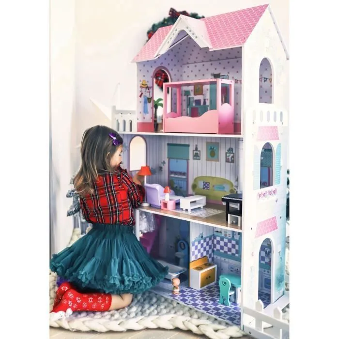 Grande Maison de Poupées en Bois Mamabrum, Éclairage LED, Jardin, 3 Étages,  4 Pièces,  Meubles Mobiles Piano, Lit, Canapé, Cuisine-3
