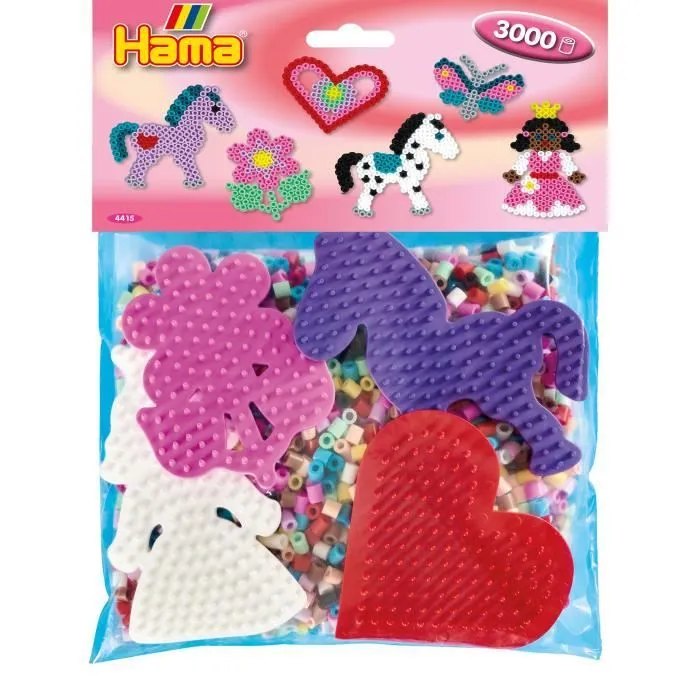 HAMA - Sachet 3000 perles à repasser Midi + 4 plaques (coeur princesse, poney, fleur) - Loisirs créatifs Dès 5 ans-0