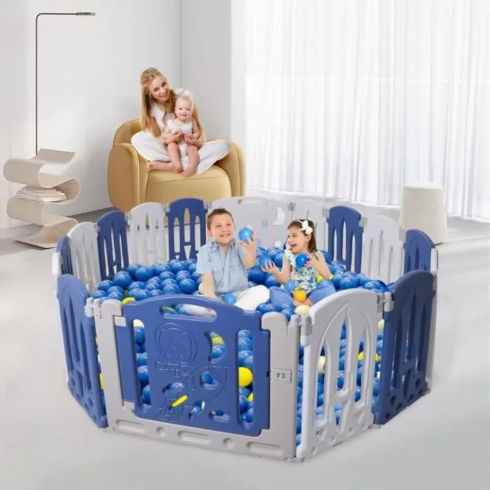 UISEBRT Clôture de Jeu en Plastique avec Porte et Planche à Jouets, Grille de Protection pour Enfants (16 Panneaux, Bleu + Blanc)-3