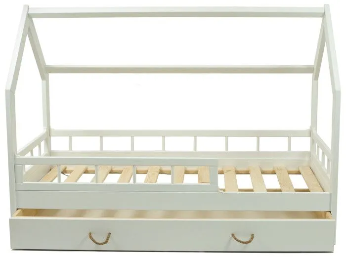 Lit enfant Maison scandinave en bois naturel avec Tiroir, Barrières de Sécurité (160x80cm) : Confort et Protection Réunis - Blanc-1