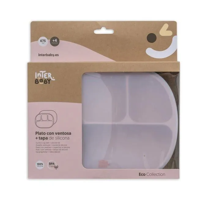 Assiette - plateau repas Interbaby - SI008-66 - Assiette avec couvercle et ventouse en silicone rose-0