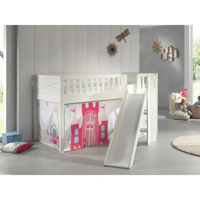 Lit Mezzanine avec Toboggan et Rideau Princess - VIPACK - Scott - Bois Massif - Blanc - 1 Place - Enfant-1