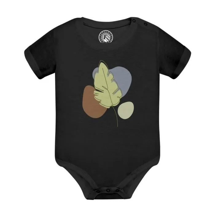 Body Bébé Manche Courte Noir Feuille Tropicale Line Art Tropical Exotique Jungle Minimaliste-0
