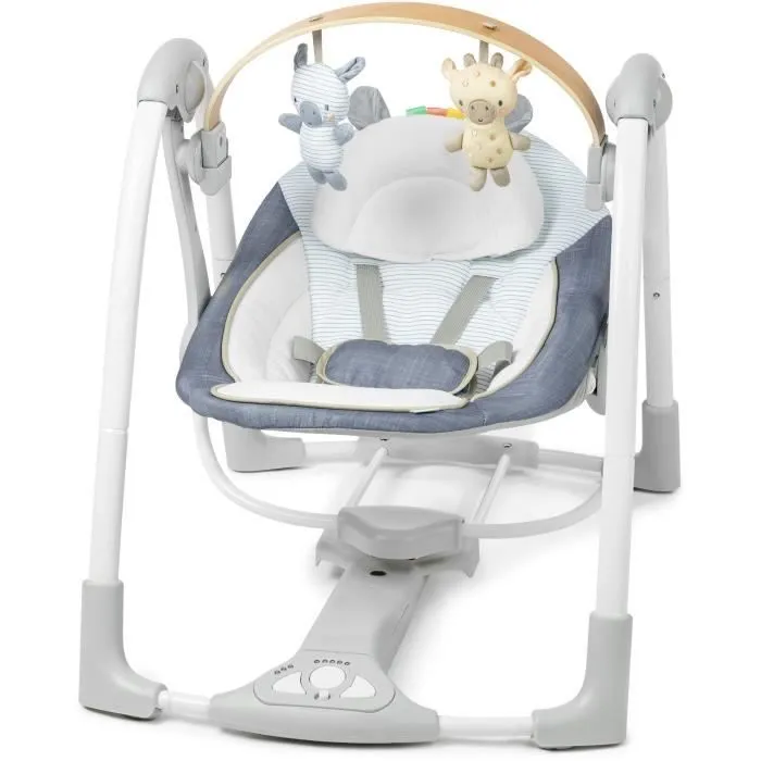 INGENUITY Balancelle bébé électrique compacte – Chambray, arche d'éveil en bois, 5 vitesses de balancement, 8 mélodies et 3 sons de-0