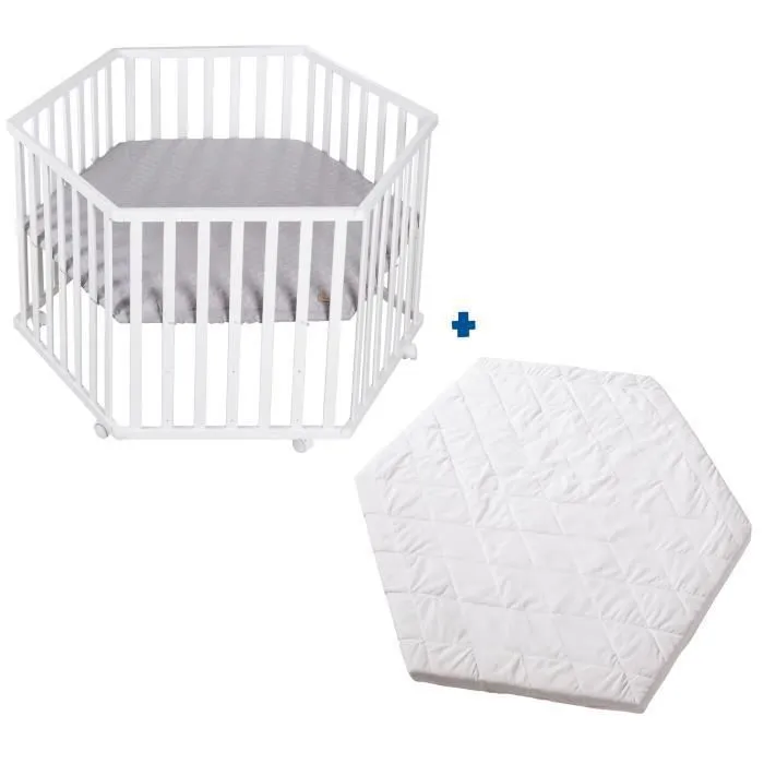 ROBA Parc Bébé Hexagonal "roba Style" + Tapis Gris et Matelas de Parc Blanc-0