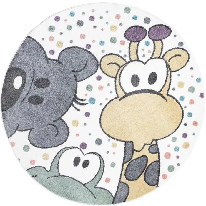 Tapis enfant rond IMAGINE - Animaux Drôle - 120x120cm - Polypropylène Frisé - Jute Antidérapante-0