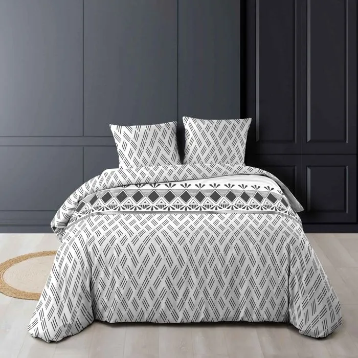 Parure de Lit - Paris Prix - Arcadia - 240x220cm - Coton Naturel - Imprimé - Blanc-0