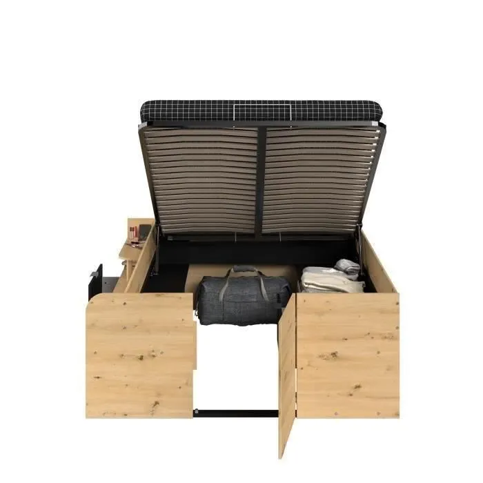 ODYSSEE Lit coffre adulte - 140x190/200 cm - Avec coffre relevable - Décor chêne et noir - 166,2 x 66,5 x 205,8 cm-5