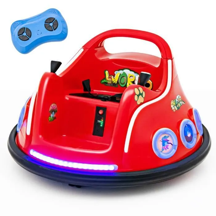 COSTWAY 12V Auto Tamponneuse Electrique 360° pour Enfants, Télécommande 2.4G, avec Lumières Clignotantes & Musique, 3-8 Ans, Rouge-0