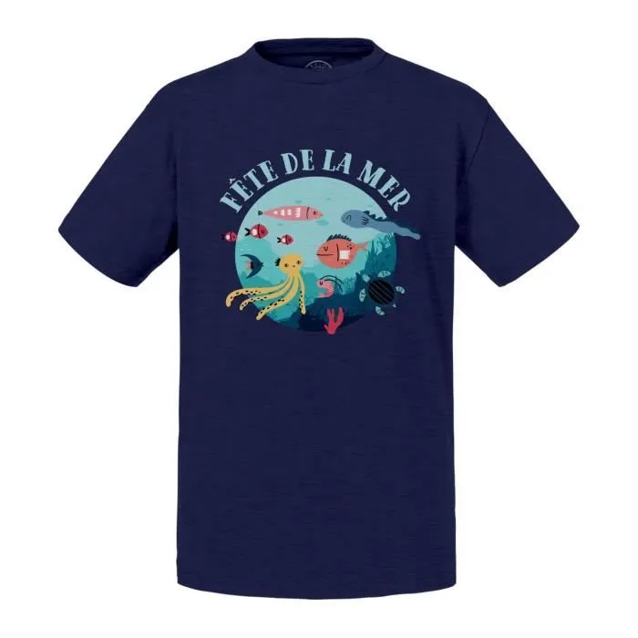 T-shirt Enfant Bleu Fête de la Mer Poisson Animaux Dessin Illustration-0