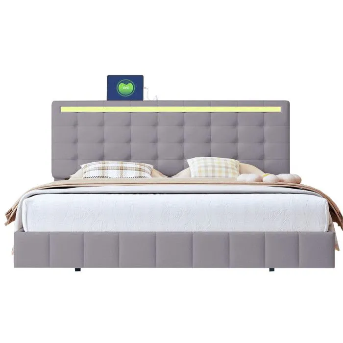 MODERNLUXE Lit rembourré 160x200 cm, avec éclairage LED et tête de lit design, sommier à lattes, gris-1