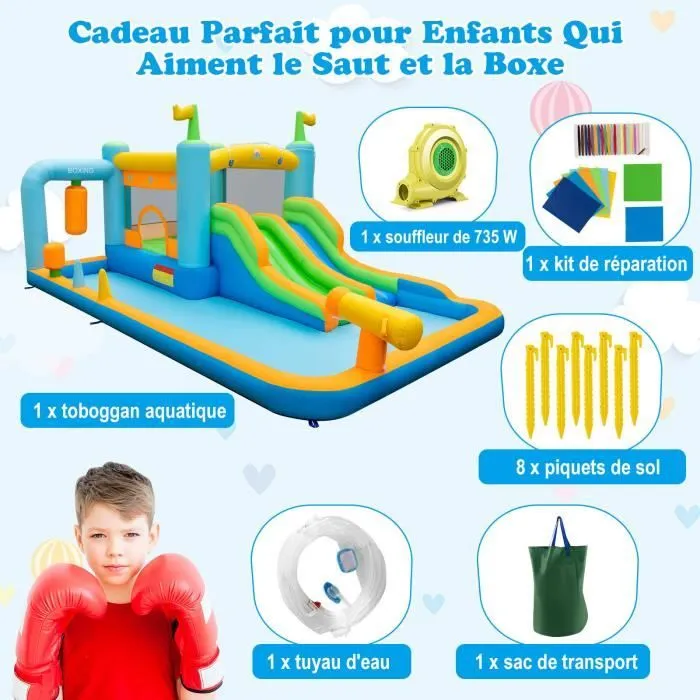 COSTWAY Château Gonflable-Toboggan Aquatique Géant pour Enfants, avec Souffleur, Canon à Eau et Sac de Sable de Boxe, 503x348x228cm-3