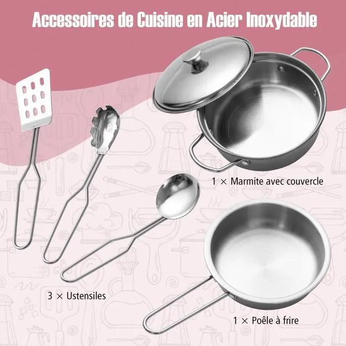 COSTWAY Cuisine pour Enfants 3 Ans+ en Bois - 5 Accessoires, Effect Sons et Lumières avec Téléphone, Rose-2