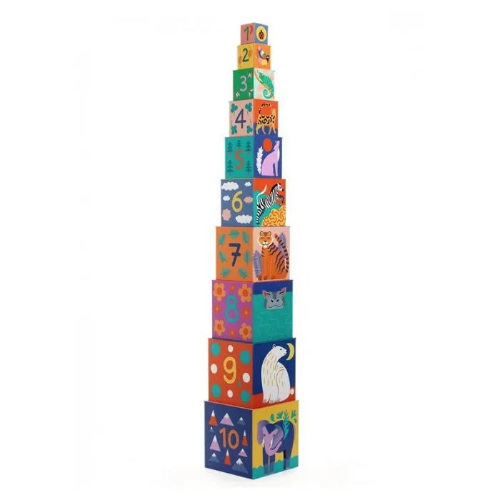 Cubes à empiler Animaux sauvages - DJECO - 10 cubes en carton épais - Mixte - 12 mois+-3