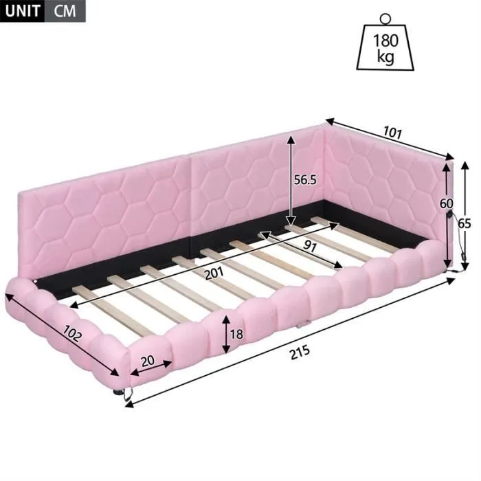 Canapé-lit - Non spécifié - 90x200 cm - LED avec port USB - Tissu peluche - Rose-3