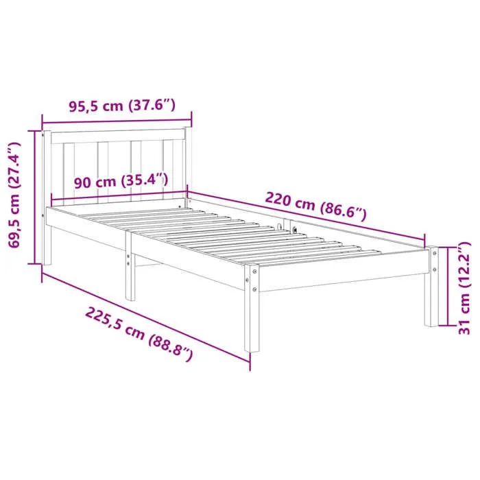 vidaXL Cadre de lit extra long sans matelas 90x220 cm bois massif pin, lit, meuble de chambre à coucher, lit en bois, lit 852444-3
