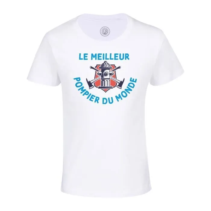 T-shirt Enfant Blanc Le Meilleur Pompier du Monde Sauveteur Sapeur Pompier Incendie Accident-0