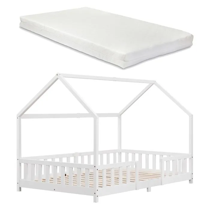 Lit d'enfant Forme Maison Sisimiut avec Matelas à Mousse à Froid 200 x 120 cm Blanc-1