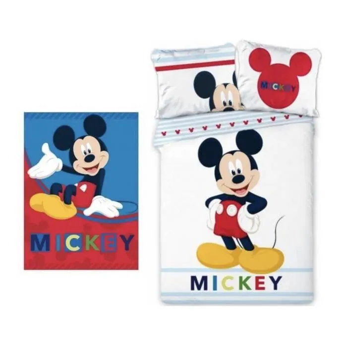 Mickey Disney - Ensemble parure de couette 140 x 200 cm + taie d'oreiller + Plaid 100 x 140 cm.-0