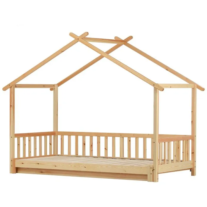 Lit Cabane Extensible,Lit Enfant - en Bois Massif - avec Barrière - 90*200 cm/180*200 cm- couleur bois naturel-4