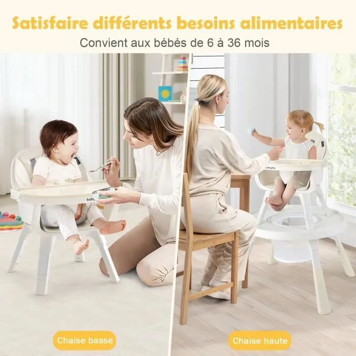 COSTWAY Chaise Haute Bébé Evolutif Table et Chaise Enfant Plateau Double Face Hauteur Réglable Panier Rangement 6 Mois 25kg Beige-1
