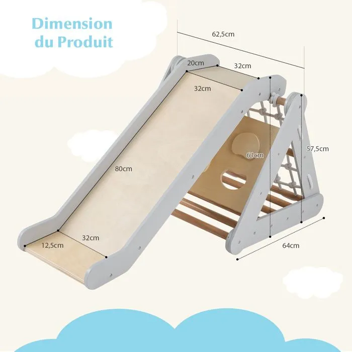 COSTWAY Station de Jeu avec Triangle d'Escalade,Toboggan en Bois et Filet, Résistant aux Intempéries, Charge 60 KG 1 Ans+ Gris-4