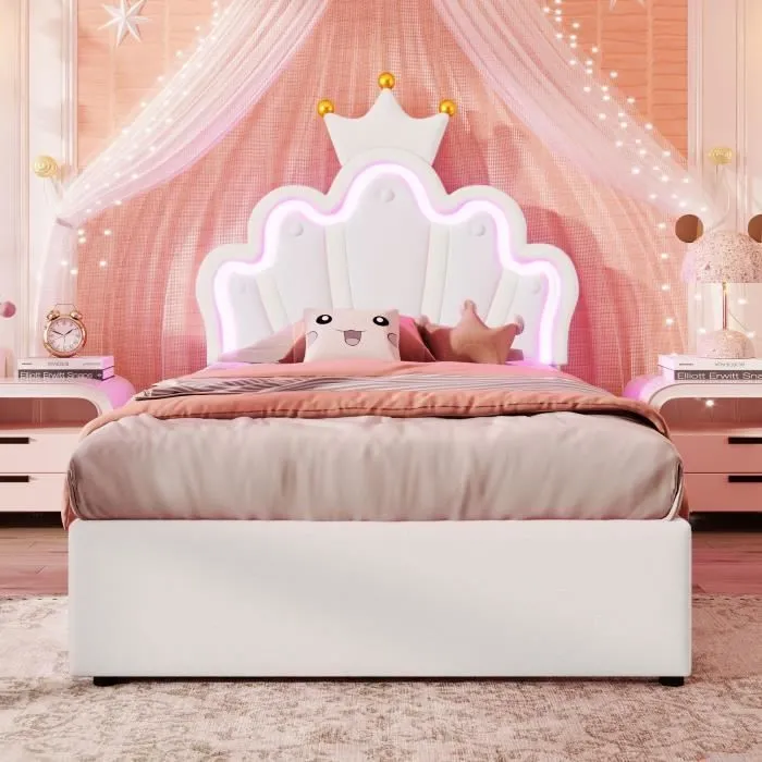 Lit enfant - Princesse - 90x200cm - 2 tiroirs - Tête de lit LED réglable - Cuir PU blanc-1