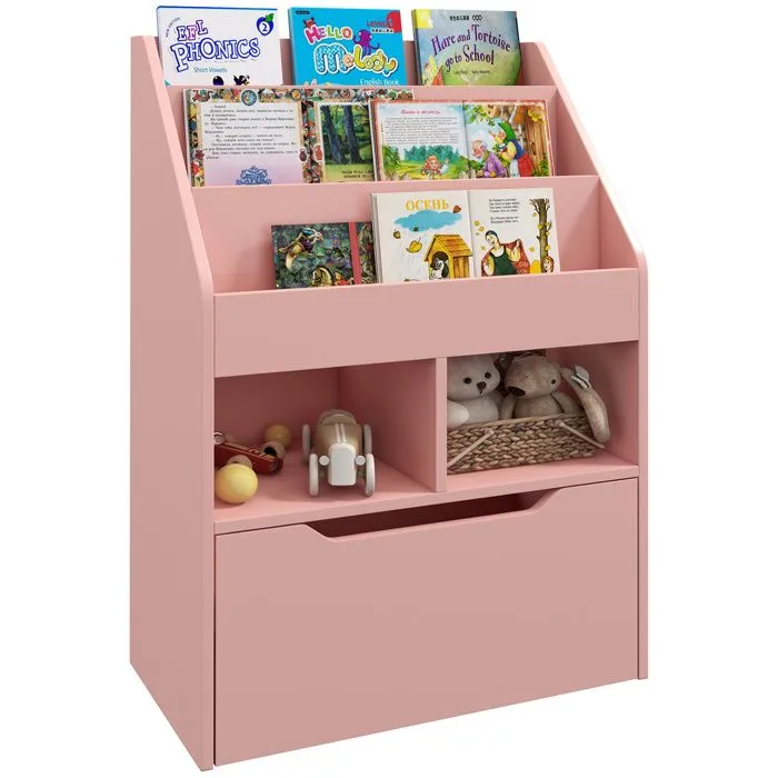 Bibliothèque HOMCOM étagère Multi-Rangement 3 étagères 2 niches Grand tiroir en bois Rose-0