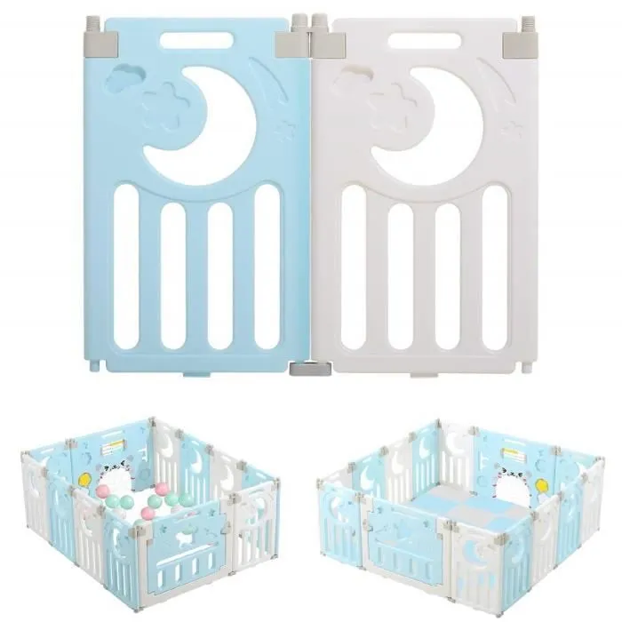 Parc Bébé en Plastique 14 + 2 Panneaux d’Activité et Porte Barrière Sécurité Enfant Pliable - bleu-2