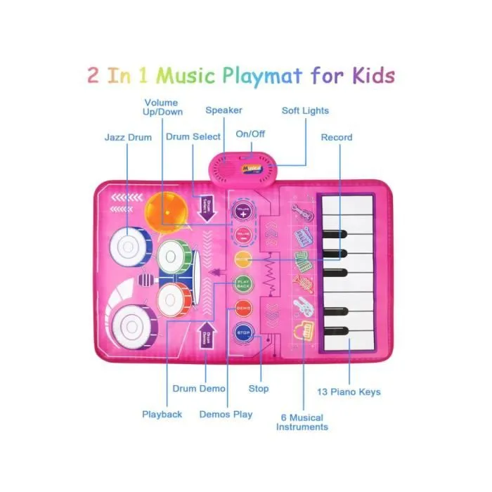 Jouets Bébé 1 an,Tapis Piano Musical et Jouet de Batterie 2 en 1 pour Tout-Petits,Tapis de Jeux Musique Cadeau Anniversaire Jouets-2