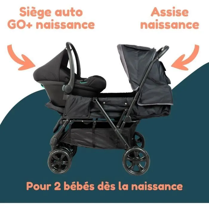 Bebeboutik Poussette double jumeaux BAMBISOL Combine Poussette Double Siege Auto I size 4 roues Noir