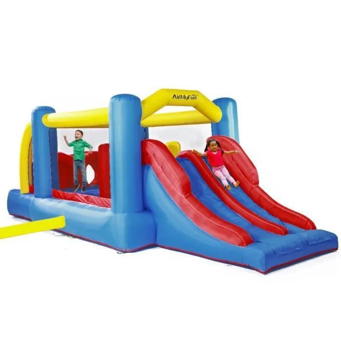 Château Gonflable : aire de jeux Gonflable avec obstacles et double toboggan - surface de jeux : 560 x 255 x 190 cm - Wipe out-0