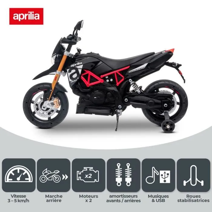 Moto électrique Aprilia Dorsoduro 900 pour Enfant avec Klaxon, système audio et roulettes de soutien-3