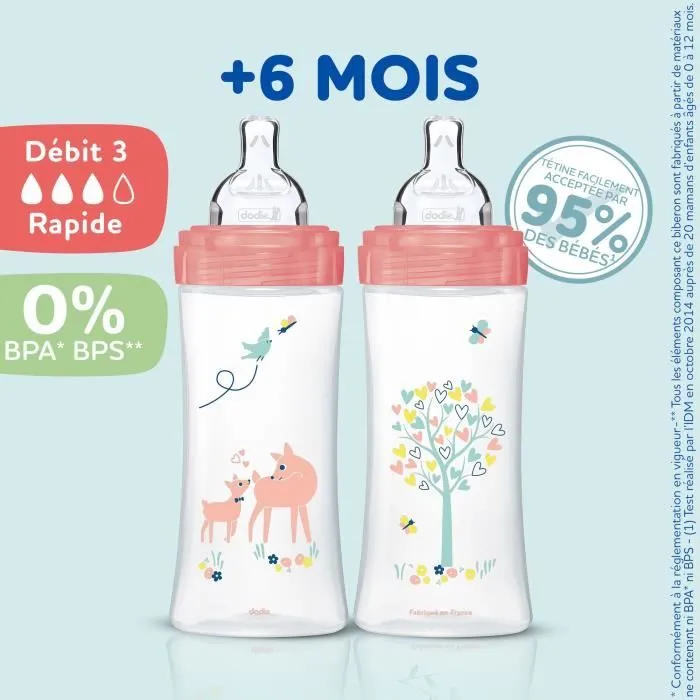 Dodie Lot de 3 Biberons Anti colique Sensation+, Fille, 330 ml, +6 Mois, Tétine Plate, Débit 3-1