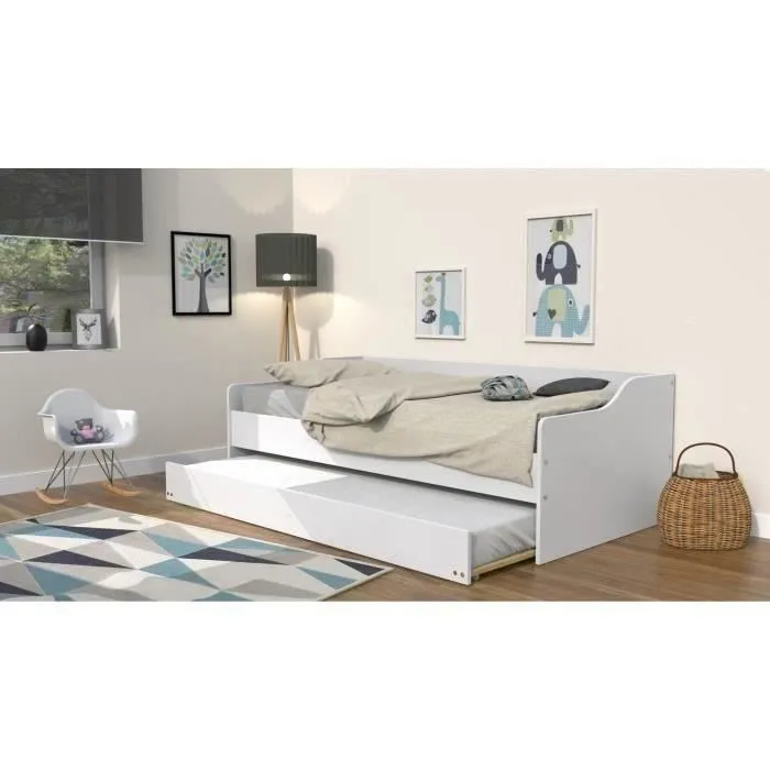 WEBER Lit gigogne contemporain blanc + sommier en bois épicéa massif - l 90 x L 190 cm - COSY-1