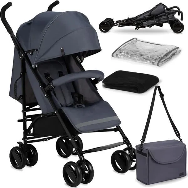 MoMi AKIRA - Poussette canne ultra compacte - Légère 6.7 kg - De 6 mois à 15 kg - Kit d'accessoires - Sac et panier – Gris-0