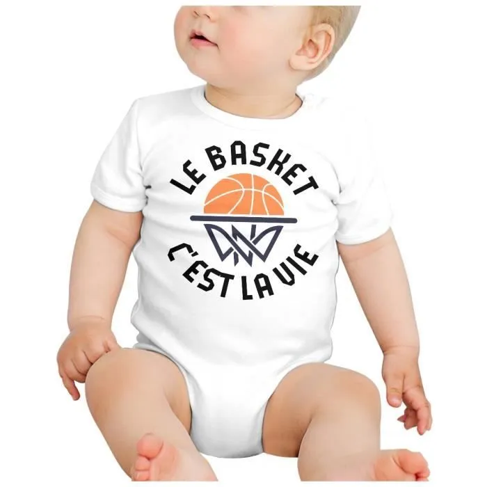 Body Bébé Manche Courte Blanc Le Basket c'est la Vie Sport Basketball Ballon-1