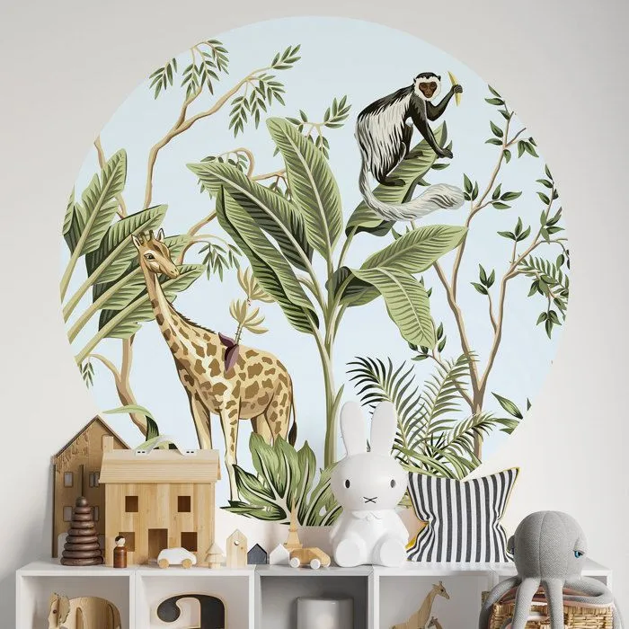 Sticker mural - Jungle Animaux - Adhésif MAT - Diamètre 110 cm - Décoration murale - Contemporain-0