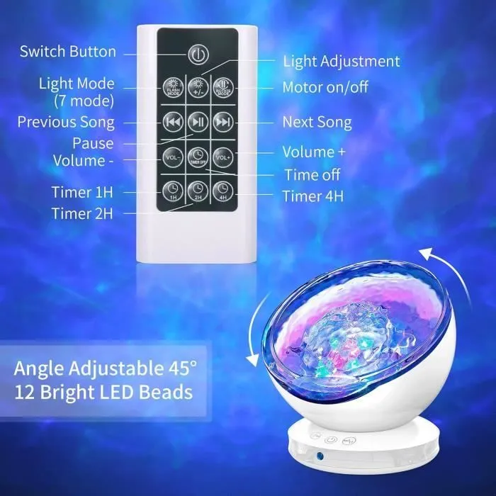 ARTINABS Lampe Projecteur LED Simulation des Vagues Océan,Veilleuse Enfant avec 8 Modes de Couleurs 6 Sons de Musique Télécommand-3