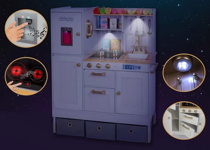 Kinderplay Grande Cuisine en Bois Enfant - pour Enfants, Deux Hauteurs Possibles, éclairage LED, Accessoires, GS0060-1-1