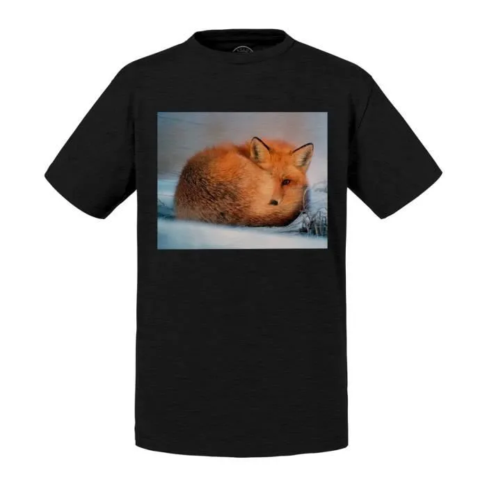 T-shirt Enfant Noir Renard Roux Dans La Neige Animaux Mignon-0