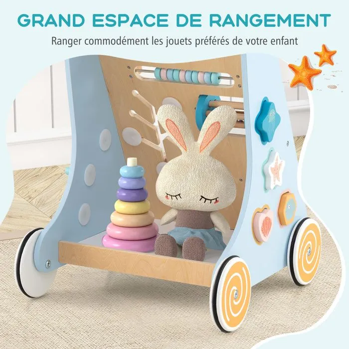 COSTWAY Trotteur Chariot de Marche sur Thème Océan 8 en 1 avec Miroir & Perles & Tambour, Roues, 1an+, Jouet Montessori, Bleu-3