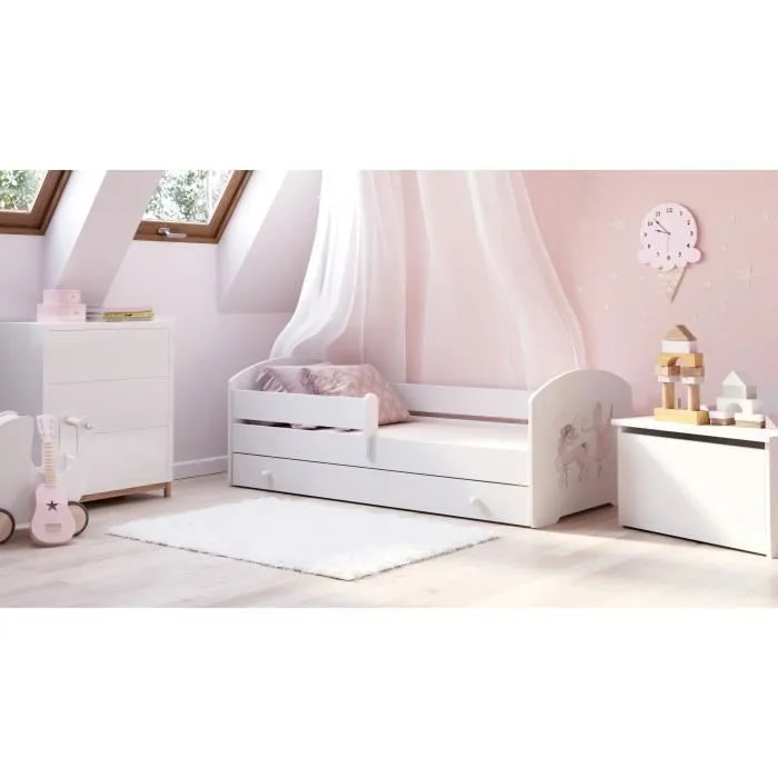 Lit enfant 140 x 70 cm + sommier + matelas + tiroir + barrière de protection-3