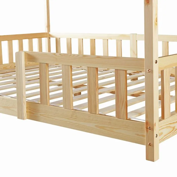 Lit d'Enfant Forme Maison avec Grille de Protection Treviolo 200 x 140 cm Naturel-5